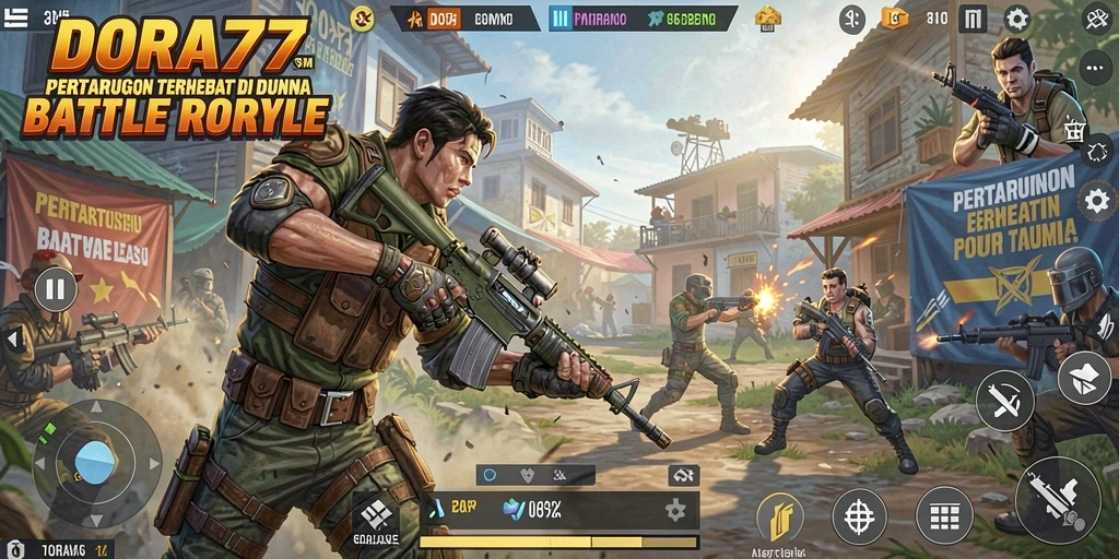 Screenshot DORA77 menampilkan aksi seru di medan perang Battle Royale.