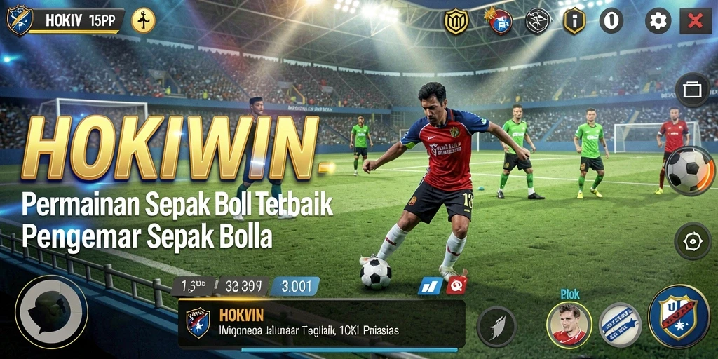 Screenshot HOKIWIN menampilkan aksi intens dalam pertandingan sepak bola.