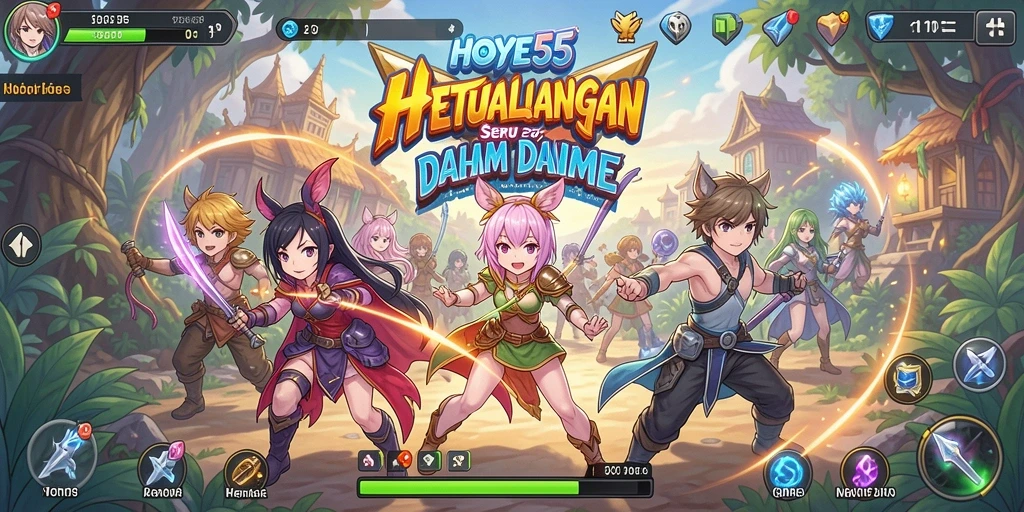 Screenshot gameplay HOYE55 yang menampilkan karakter anime yang dinamis.