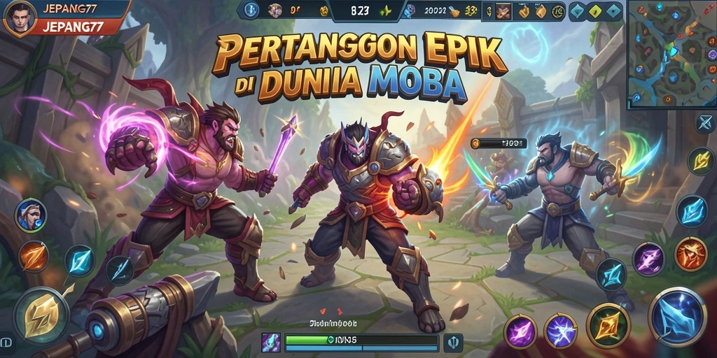 Tampilan gameplay seru di arena JEPANG77 dengan aksi MOBA yang mendebarkan.