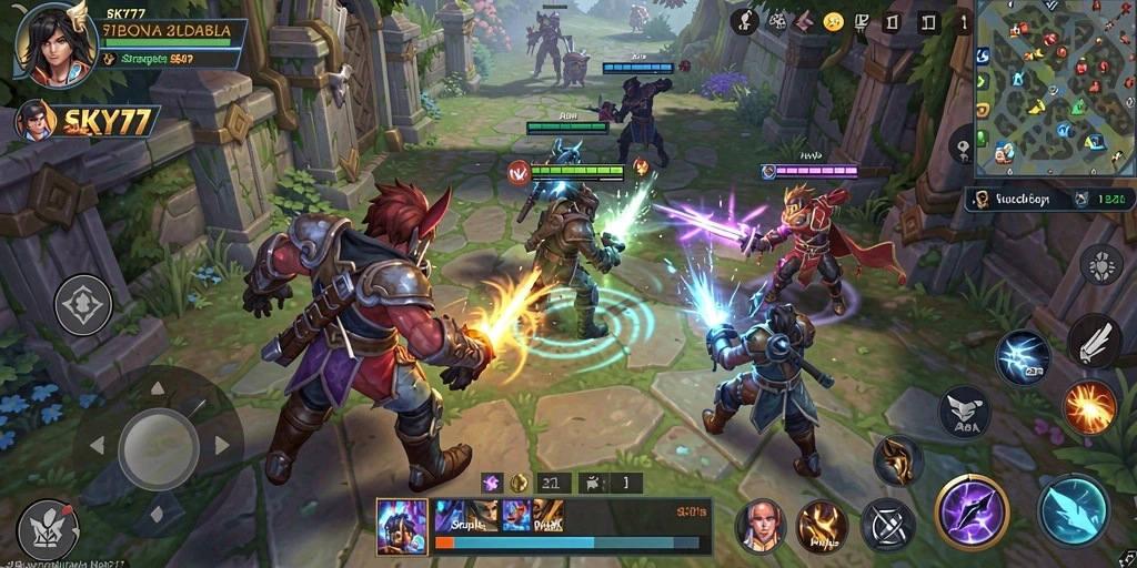 Gameplay epik dalam SKY77 yang menampilkan pertempuran MOBA yang seru.