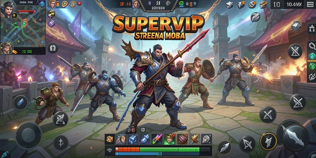 Tangkapan layar utama SUPERVIP menampilkan aksi seru di arena pertempuran MOBA.