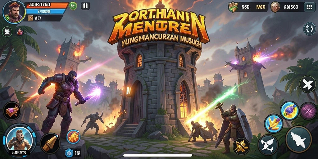 Screenshot utama ZORTOTO menampilkan aksi seru pertahanan menara.